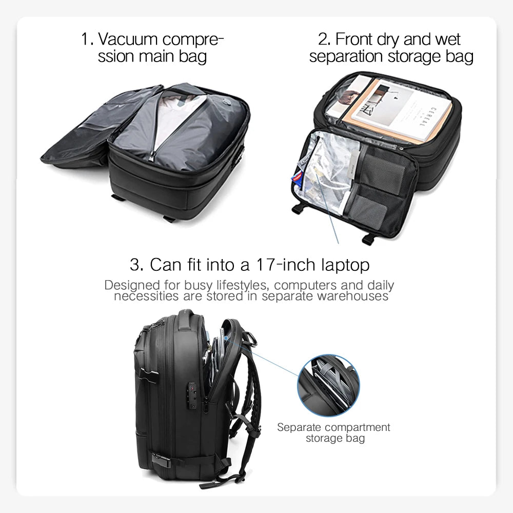 Men Travel Backpack Vacuum Compression 17 Inch Laptop Backpack Business Large Capacity School Backpack Expanded Hiking Backpack